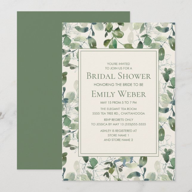 Sage Moss Green Eucalyptus Leaves Bridal Shower Invitation (Front/Back)