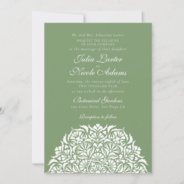 Sage Moss Green Whimsical Floral Mandala Wedding Invitation (Front)