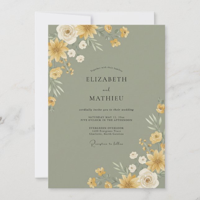 Sage Mustard Blossom Wedding Invitation (Front)