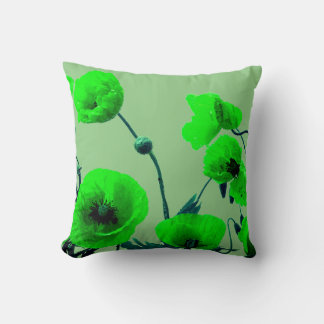 Sage Neon Green Floral Watercolor Poppy Flowers Cushion