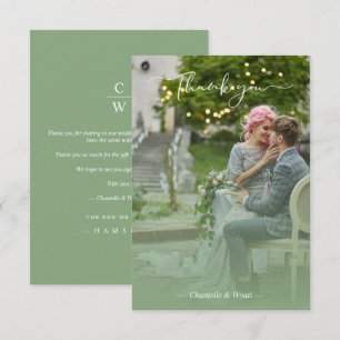 Sage Newlyweds Photo Simple Calligraphy Script Thank You Card