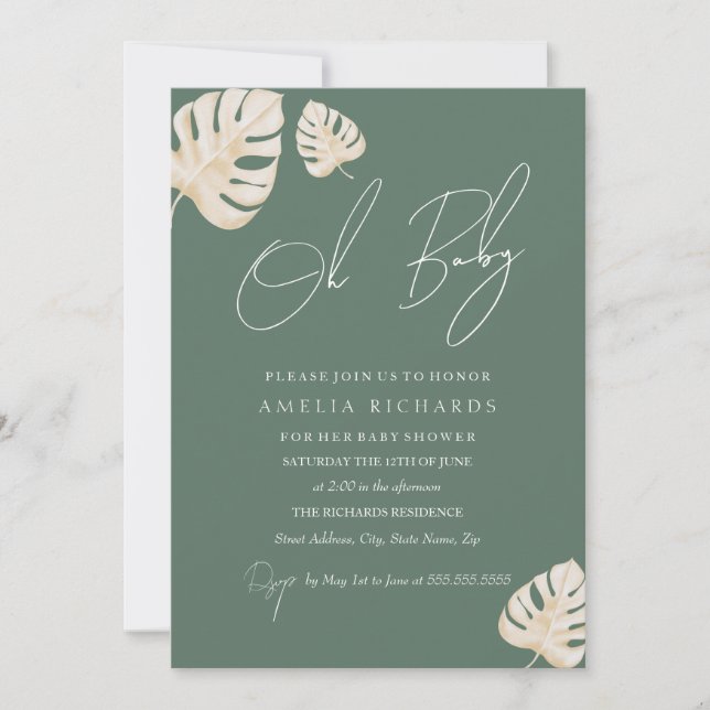 Sage Oh Baby Boho Leaf Baby Shower  Invitation (Front)