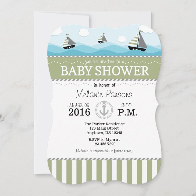 Sage Olive Blue Nautical Baby Shower Invitation (Front)