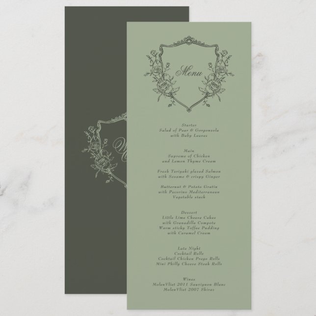 Sage Olive Crest Classic Elegant Wedding Menu (Front/Back)