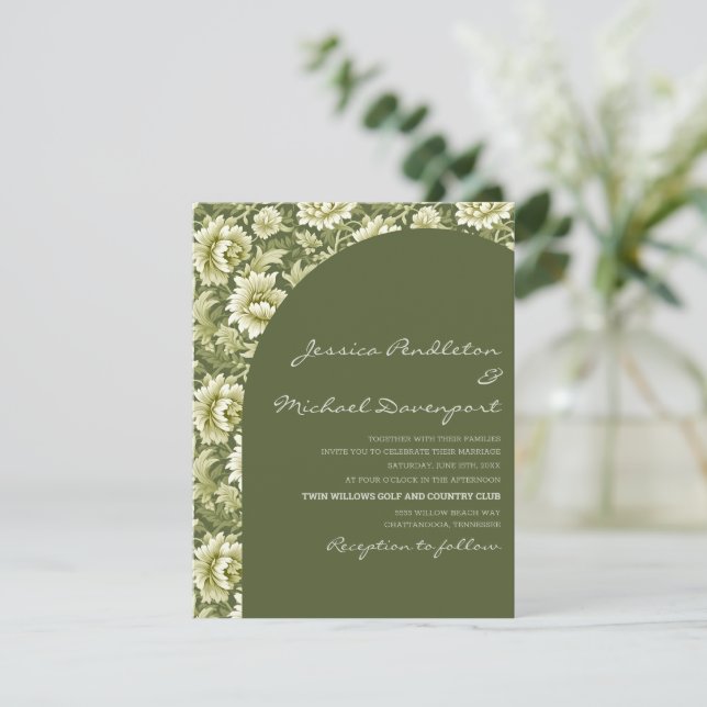 Sage Olive Green Botanical Arch Script Wedding Invitation (Standing Front)