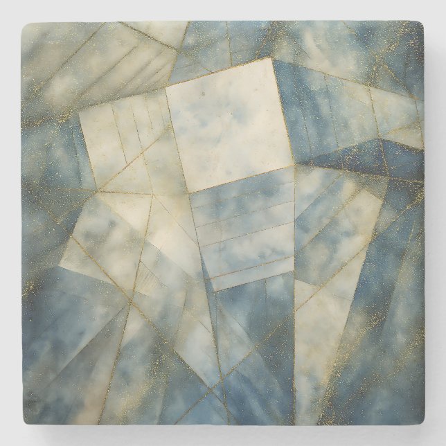 Sage Olive Green Gold Geometric Abstract Natural Stone Coaster (Front)