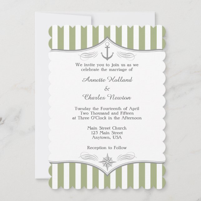 Sage Olive Green Grey Nautical Wedding Invitation (Front)