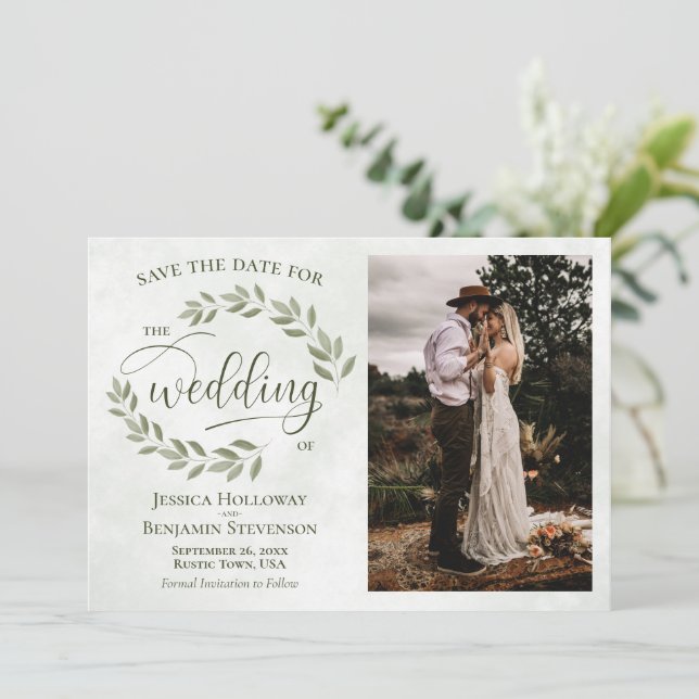 Sage & Olive Green Leaves & Photo Rustic Wedding Save The Date (Standing Front)