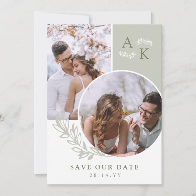 Sage & Olive Greenery Overlapping Photos Save The Date (Front)
