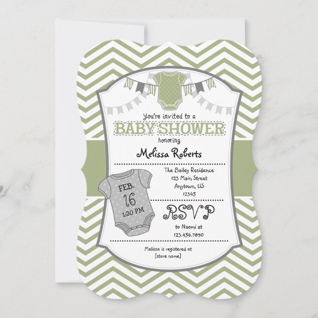 Sage Olive Grey Chevron Baby Shower Invitation (Front)