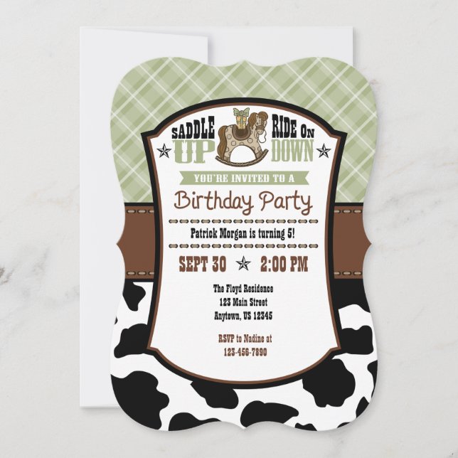 Sage Olive Plaid Cowhide Cowboy Birthday Invite (Front)