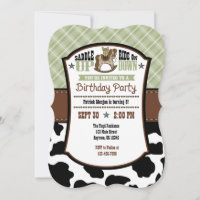 Sage Olive Plaid Cowhide Cowboy Birthday Invite