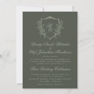 Sage on Green Olive Vintage Crest Monogram Wedding Invitation