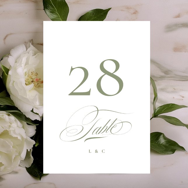 Sage on White Elegant Calligraphy Wedding Table Number (Creator Uploaded)