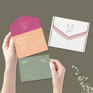 Sage Orange & Fuschia Pink Simple Modern Wedding All In One Invitation