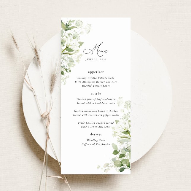 Sage Organic Greenery Wedding Reception Dinner Menu (Sage green organic greenery wedding dinner menu, watercolor botanical, elegant wild meadow reception)