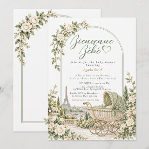 Sage Parisian Garden Baby Carriage Baby Shower Invitation