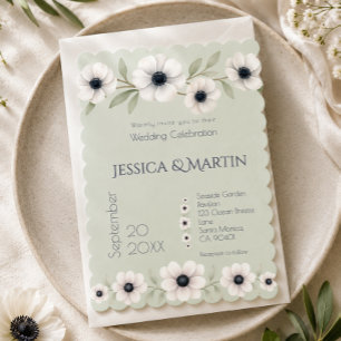 Sage Pastel Blue Ivory Anemone Timeless Wedding Invitation