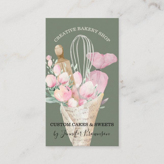 Sage Pastry Chef Pink Flowers Boho Baker Business Card (Front)