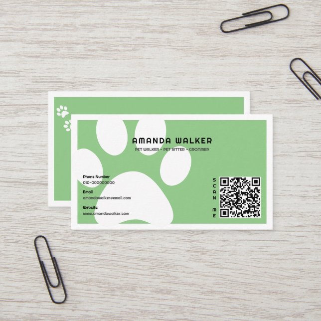 Sage Pawprints QR Code Pet Sitter Walking Services Business Card (Front/Back In Situ)