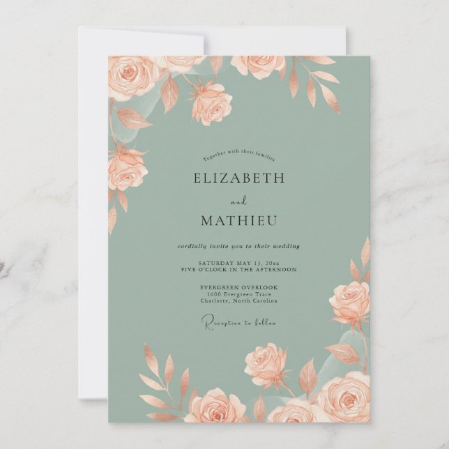 Sage Peach Blossom Wedding Invitation (Front)