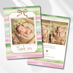 Sage Peach Blush Striped Gold Baby Photo Thank You Announcement