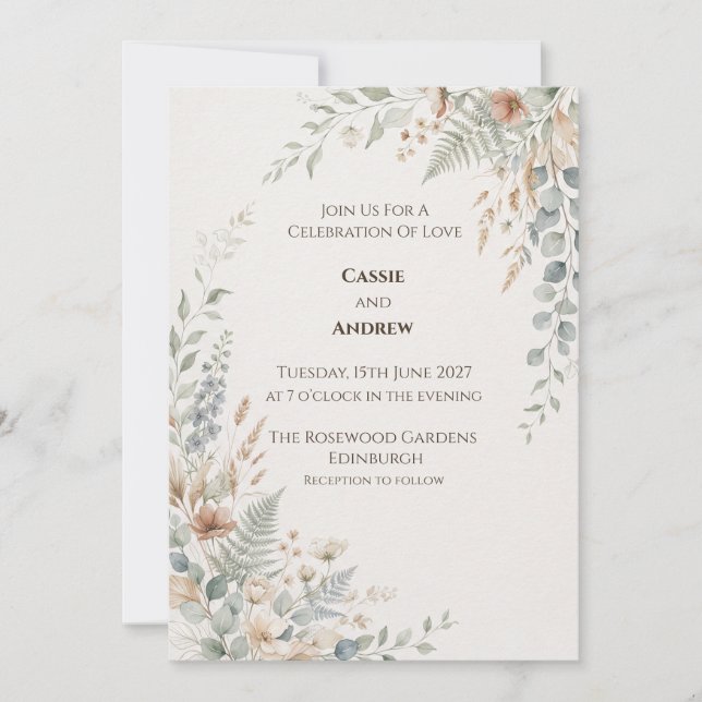 Sage Peach Fern Wildflower Wedding Invitation (Front)