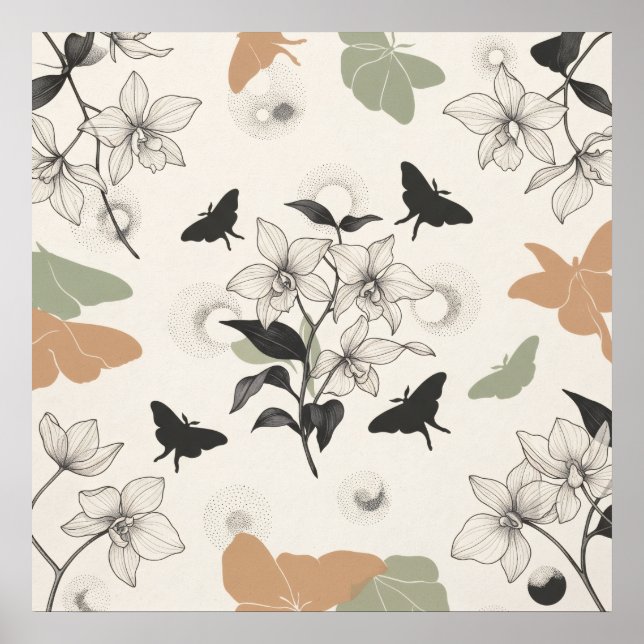 Sage Peach Floral Butterfly Line Art Poster (Front)