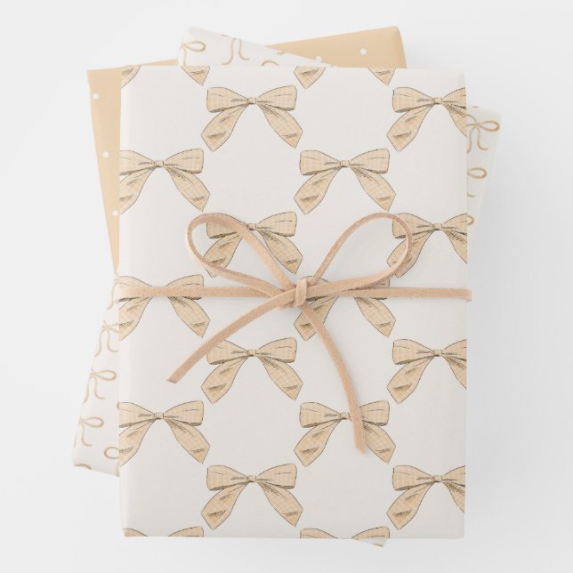 Sage Peach Plaid Bow Elegant Neutral Baby Shower Wrapping Paper Sheet (In situ)