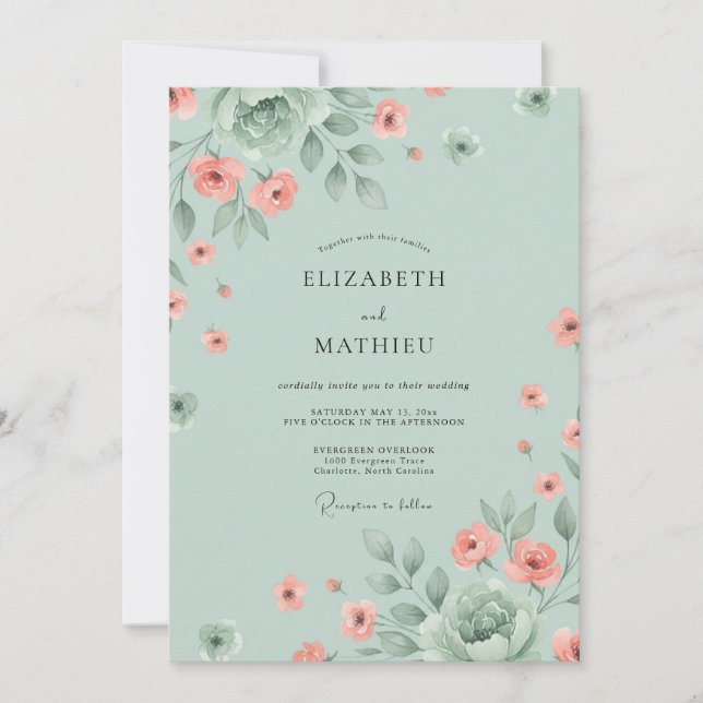 Sage Peach Wildflower Wedding Invitation (Front)