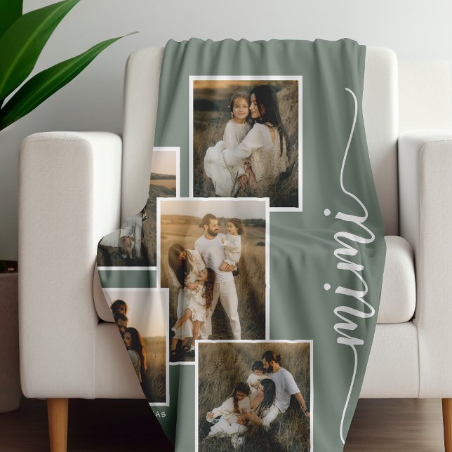 Sage Personalised Mimi Grandkid 5 Photo Collage  Fleece Blanket (Creator Uploaded)