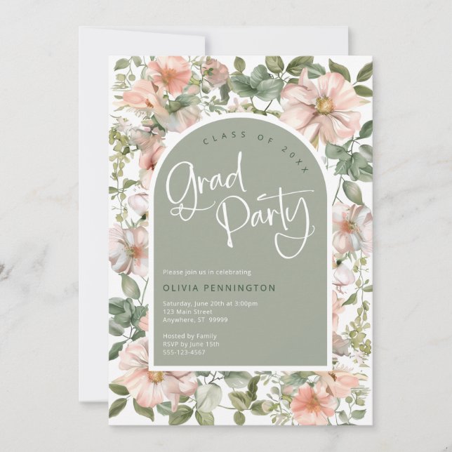 Sage Pink Blush Wildflowers Grad Party Invitation (Front)