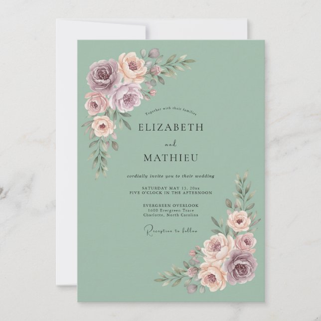 Sage Pink Floral Bloom Wedding Invitation (Front)