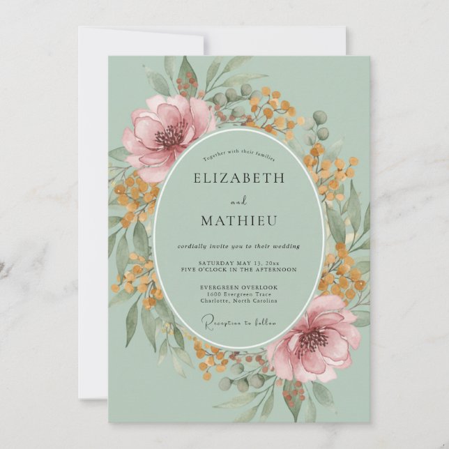 Sage Pink Floral Botanical Wedding Invitation (Front)