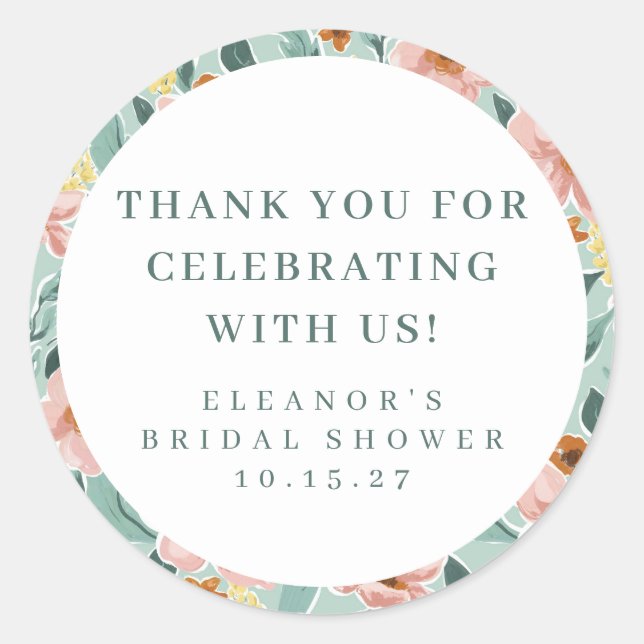 Sage Pink Floral Bridal Shower Custom Thank You Classic Round Sticker (Front)