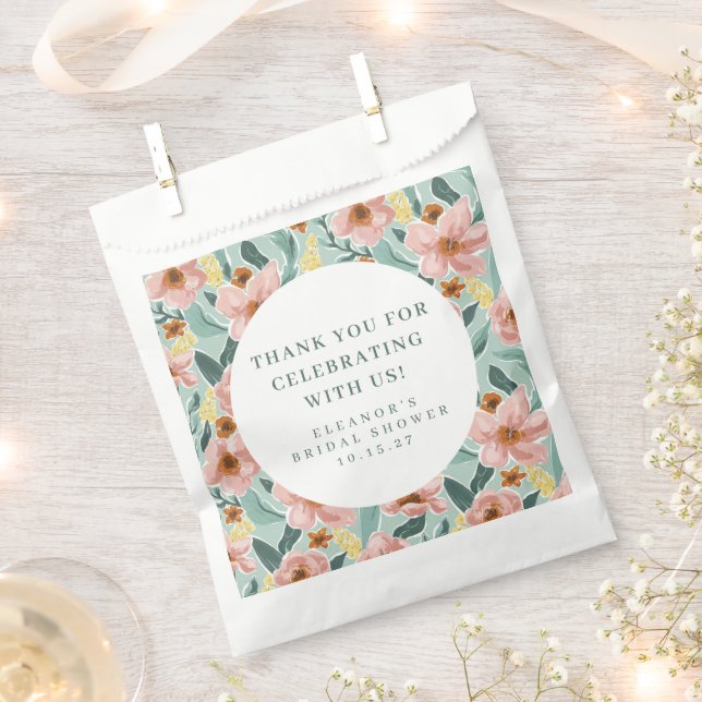 Sage Pink Floral Bridal Shower Custom Thank You Favour Bags (Clipped)