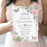 Sage Pink Floral Butterflies Silver Quinceanera Invitation<br><div class="desc">This chic Quinceañera invitation features a silver glitter geometric frame adorned by delicate watercolor sage green, pale pink floral, soft sage greenery and sage and silver butterflies. Personalise it with your details easily and quickly, simply press the customise it button to further re-arrange and format the style and placement of...</div>