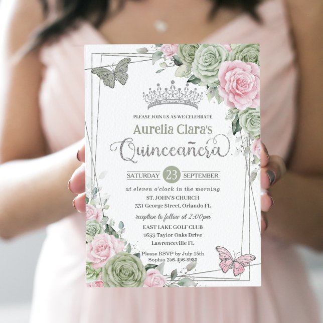 Sage Pink Floral Butterflies Silver Quinceanera Invitation (Creator Uploaded)