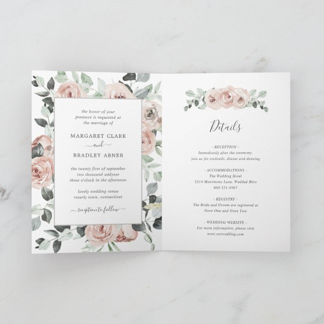 Sage Pink Floral Dusty Rose Folded Wedding Invitation (Inside)