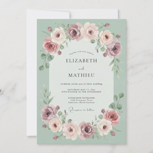 Sage Pink Floral Wreath Wedding Invitation (Front)