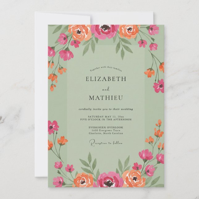 Sage Pink Orange Watercolor Wedding Invitation (Front)