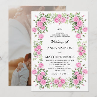 Sage Pink Roses Elegant Floral Wedding  Invitation