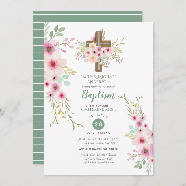 Sage Pink Watercolor Floral Baptism Invitations (Front/Back)
