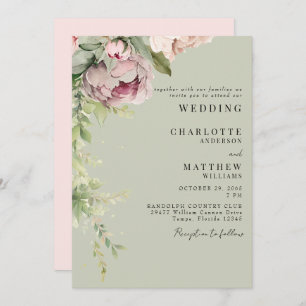 Sage & Pink Watercolor Peonies Elegant Wedding Invitation