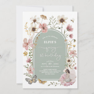 Sage Pink Wildflower Fairy 1st Birthday Invitation