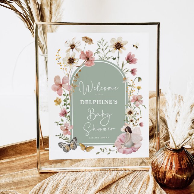 Sage Pink Wildflower Fairy Baby Shower Welcome Poster (Creator Uploaded)