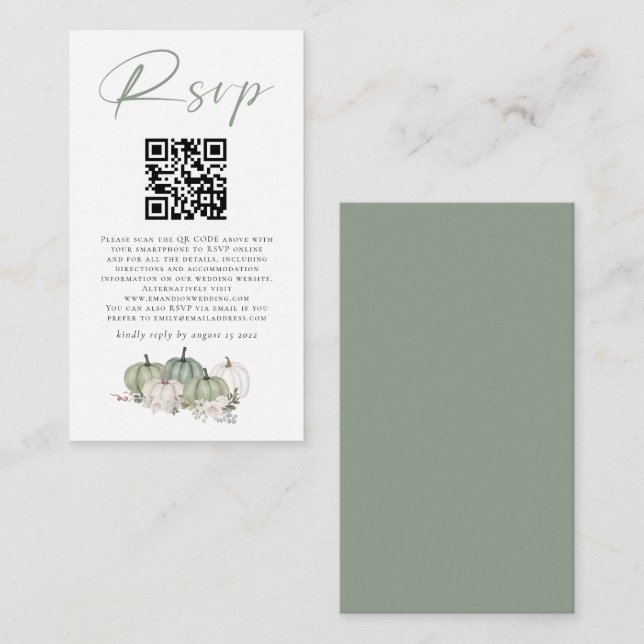 Sage Pumpkins Florals QR Code Wedding RSVP Enclosure Card (Front/Back)