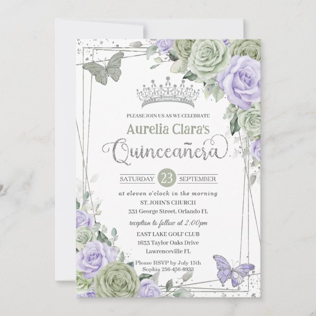 Sage Purple Floral Butterflies Silver Quinceanera Invitation (Front)