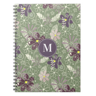 sage purple plum lilac feathers flowers pattern notebook