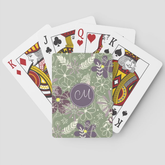 sage purple plum lilac feathers flowers pattern playing cards (Back)